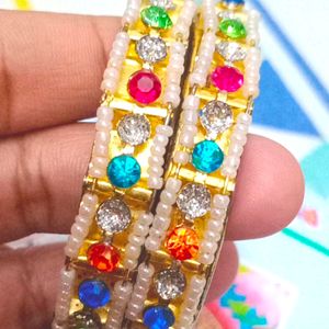 Golden Pearl Bangles With Jhumka Pair