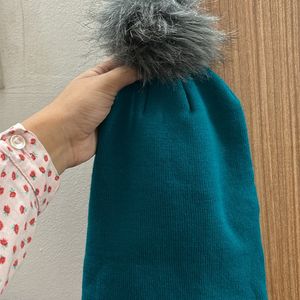 Beautiful Green Beanie With Fluffy Grey Tip