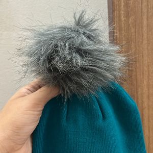 Beautiful Green Beanie With Fluffy Grey Tip