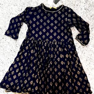 Navy Blue Ethnic Motif Printed Pleated Kurti/Shara