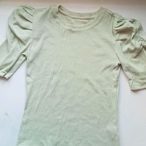 Fitted, Pistachio Green Top With Puff Sleeves