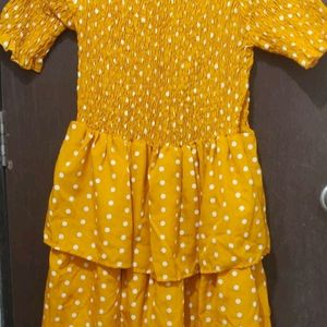 Yellow Polka Dot Smoked Midi Dress