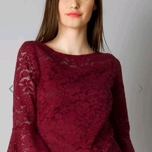 Women Maroon Self - Design Lace Top