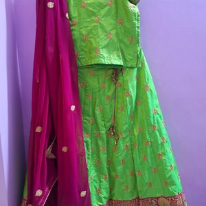 Green Colour Lehenga Choli With Pink Dupatta