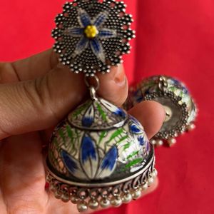 Silver Meenakari Jhumka Blue