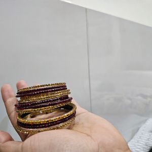 Maroon And Gold Glass Bangles Set