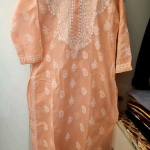 Peach Cotton Kurta With Embroidery