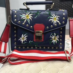 Women navy Blue Designer Bag With Embroidery Flowers Print