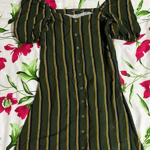 Forest Green Vertical Striped Puff Sleeve Dress