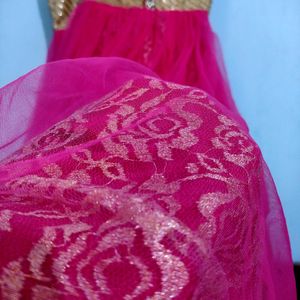 Pink Gorgeous, Stone Platted , Layered Golden And Pink Ethnic Gown