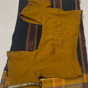 Black Mustard Saree With Woven Border And Blouse