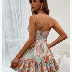 Printed Shirred Strappy A-Line Dress