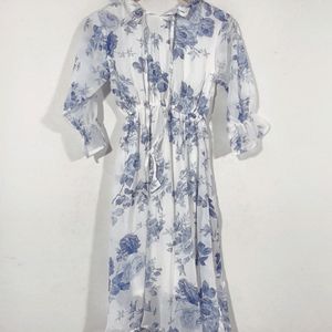 White & Blue Floral Printed Dress(women's)