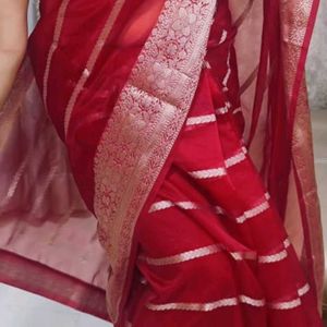 Silver Stripe Red Saree