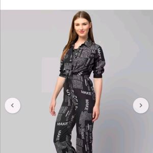 Black Women Typography Print Jumpsuit With Jacket