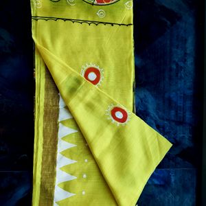 Yellow Handprinted Kota Cotton Saree