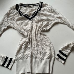 V Neck White Sweater With Black Strips