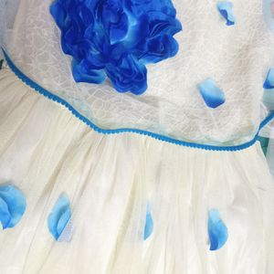 Off white and sky blue knee length frock for girls