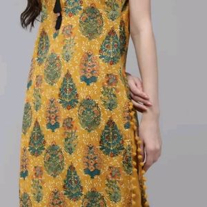 Cotton Mustard Yellow and Green Printed Kurta