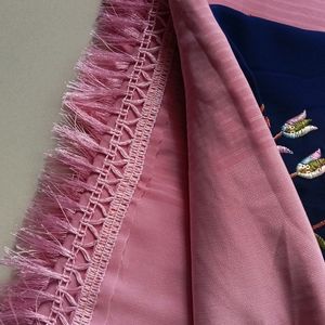 New Pink Saree With NavyBlue CutWork Blouse