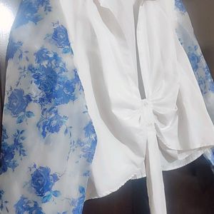 White Top Blue Floral Print Sleeves For 42 Bust