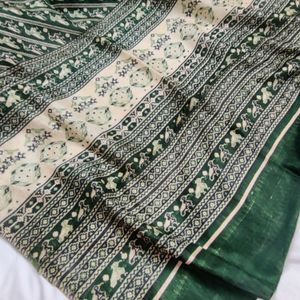 Green Silk Bird Print Saree