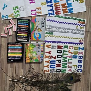 Alphabet Stickers, Feather ,crayons And Erasers