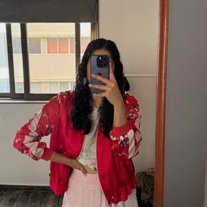 Red Bomber Jacket With Floral Sleeve Detailing