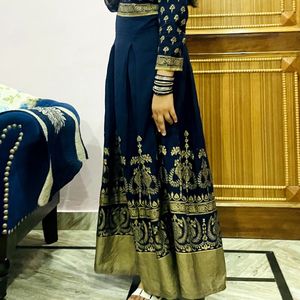 Blue & Golden Anarkali Long Kurti For Wedding