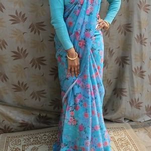 Blue Flower Print Saree