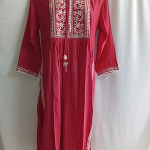 Embroidered Pink Kurti, Chanderi Cotton