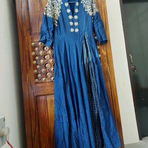 Navy Blue Chinon Handwork Straight Gown