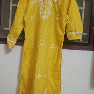 Yellow White Embroidery KURTI