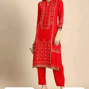 Anouk Kurta Set Hot Red Color With Golden Print