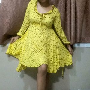 Cute Polka Dot Yellow Knee Length Dress