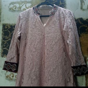 schiffli fabric pink embroidered kurti with lining