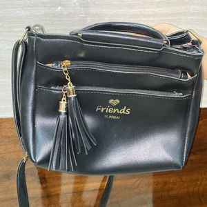 Black Leathered Mix Slingbag Women