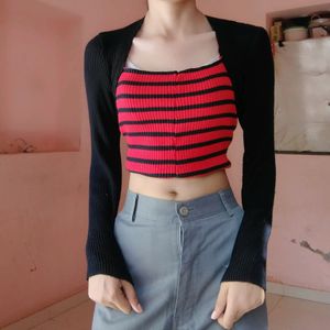 Korean Contrast Sleeve Knitted Top