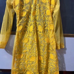 Mustard Net Chikankari Kurta