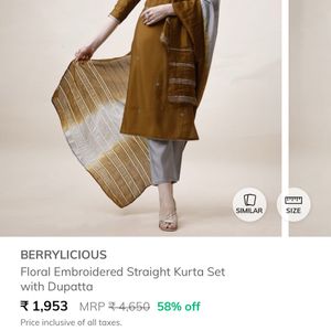 Berrylicious Golden Brown & Grey Kurta Set Size XL