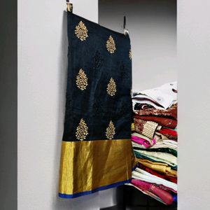 Black Cotton Chanderi Silk Saree