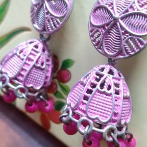 Silver Oxidized Earring In Pink Colour