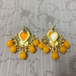 Yellow Unique Earrings With Pearls And Stones