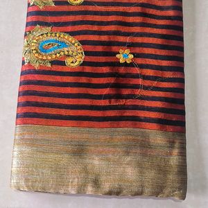 Striking Orange and Black Striped Silk Saree