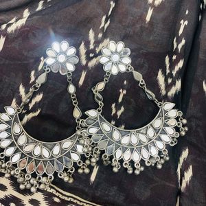 Silver Mirror Work Earrings From Myntra