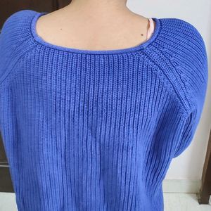 Women Blue Oversized Knited Rib Cotton Sweater