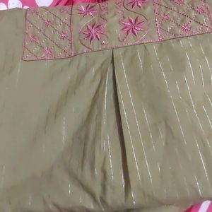 Khaki Green  Cotton  Lurex Kurti Pink Embroidery