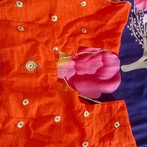 Orange Embroidered Saree With Stitched Blouse