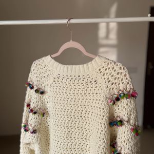 ZARA Wool Blend Open Knit Pom-Pom Cropped Sweater