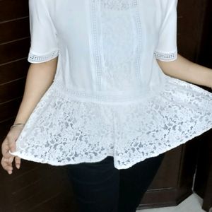 Zara Women White Floral Lace Peplum Style Top